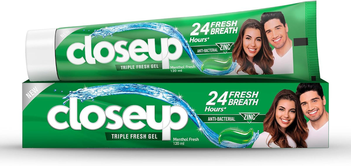 Closeup Triple Fresh Gel Toothpaste, Menthol Fresh, for 24HR fresh breath, 120ml — front product image