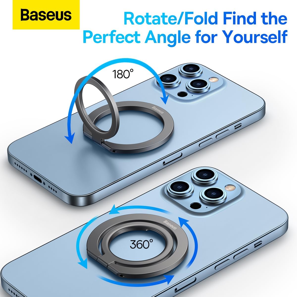 Baseus Halo Series Cell Phone Ring Holder Stand, 360° Rotation Magnetic Ring Stand for Magnetic Wireless Charging Phone Holders — Grey