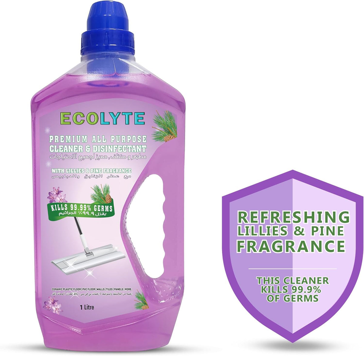 ECOLYTE+ Floor Cleaner, Premium All Purpose Cleaner Plus Disinfectant, for Hospital, Home, Office & Commercial Use for Dirt, Stains & Germs, Floor Cleaning (Lillies & Pine, 1 Liter) — additional view 2
