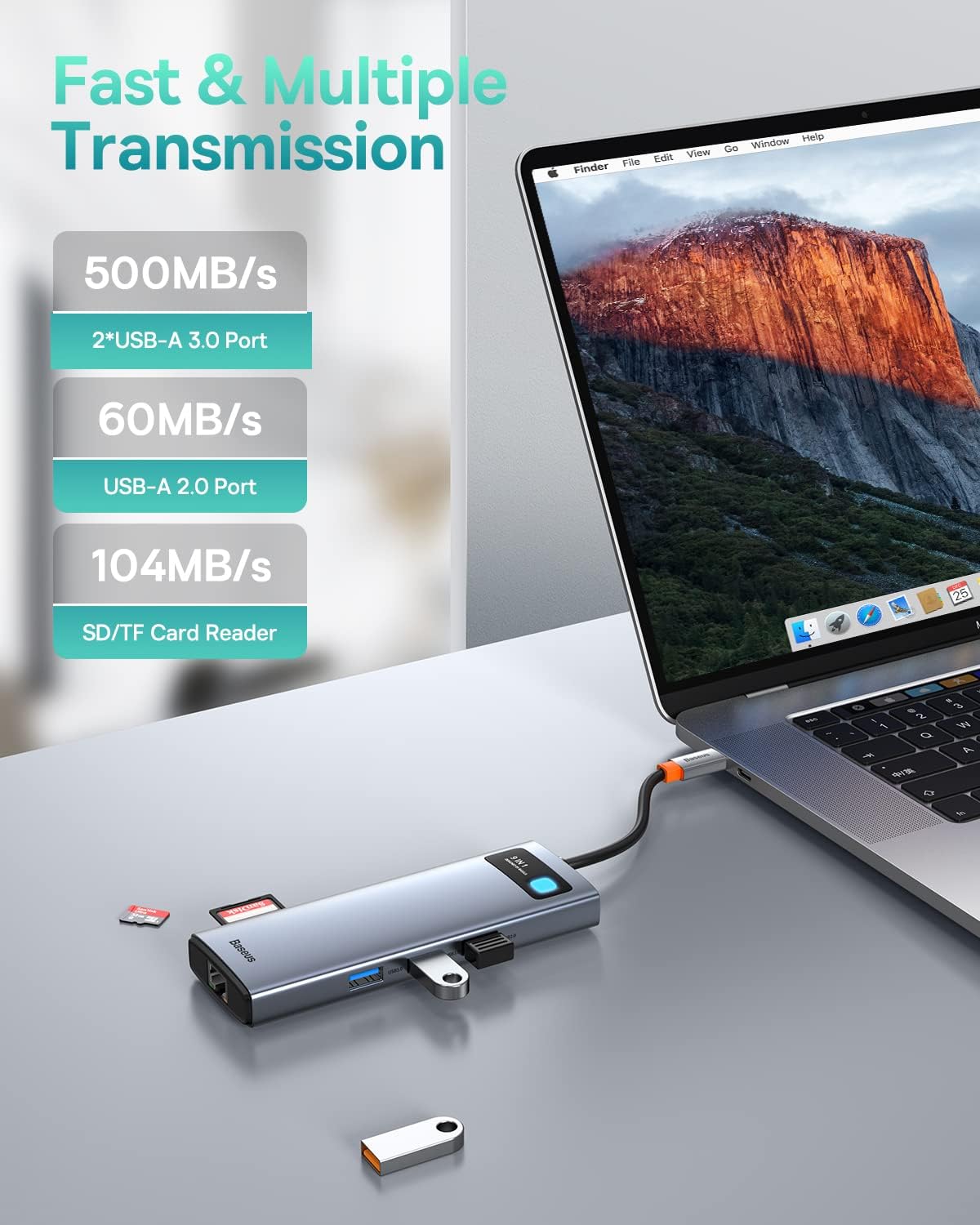 Baseus USB C HUB Dual 4K HDMI Display, 9 in 1 Docking Station 2 HDMI Dual Monitor, Gigabit Ethernet, 100W PD, SD/TF Card Reader, 3 USB, USB C Multiport Adapter — Silver