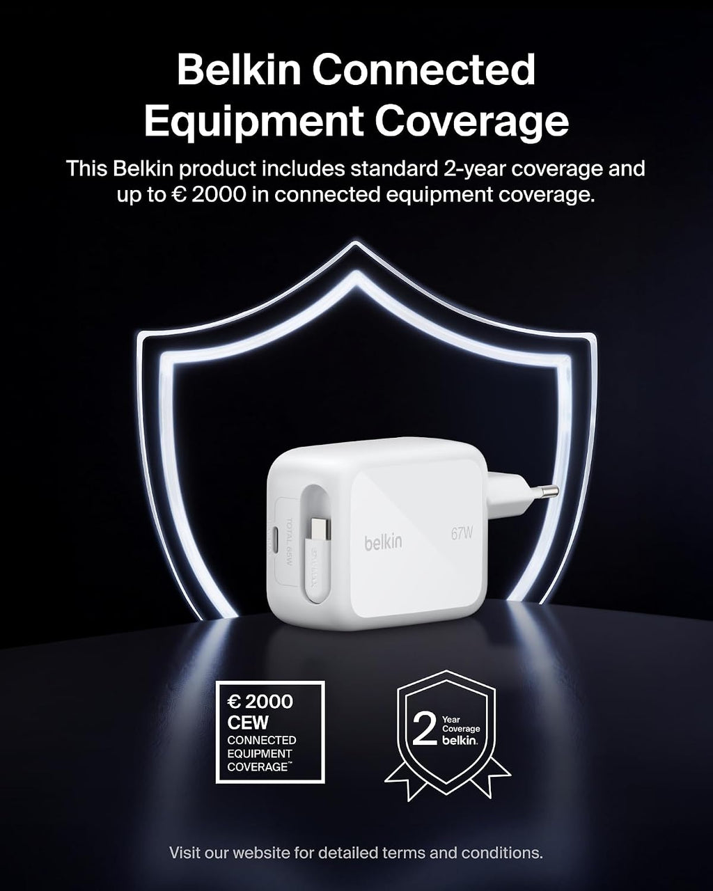 Belkin USB-C Charger Plug 67W with 3.3ft Retractable USB C Cable & Type C Port - GaN iPhone Charger, Fast Charging for iPhone 17 & 16 Series, Galaxy S26 Series, AirPods, Tablet, MacBook, Chromebook
