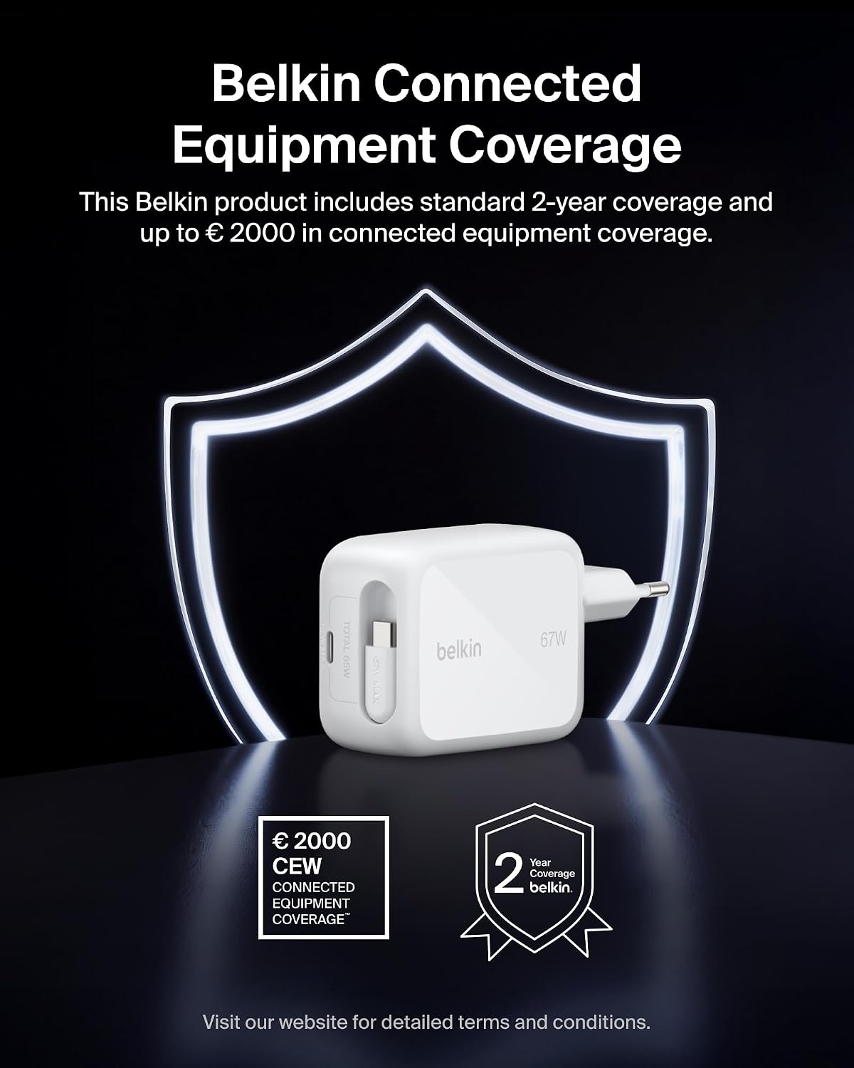 Belkin USB-C Charger Plug 67W with 3.3ft Retractable USB C Cable & Type C Port - GaN iPhone Charger, Fast Charging for iPhone 17 & 16 Series, Galaxy S26 Series, AirPods, Tablet, MacBook, Chromebook