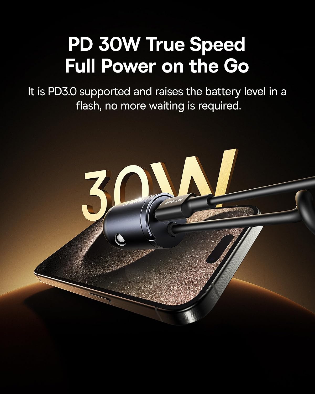 Baseus【1Port - Type C +30W Type L Coiled Cable】USB-C Car Phone Charger, Super Fast PD & QC 3.0 — Black