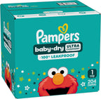 Pampers Baby Dry Diapers - Size 1, 204 Count, Absorbent Disposable Diapers