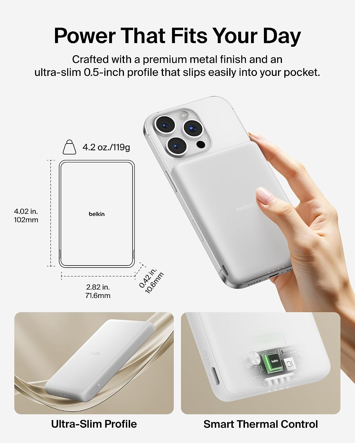 Belkin BoostCharge 5000mAh Slim Magnetic Power Bank with USB C Port - White
