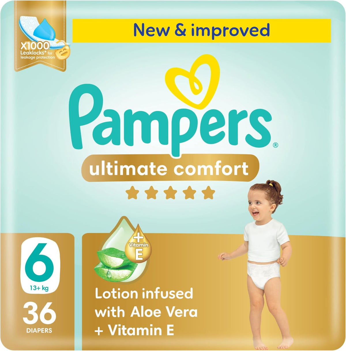 Pampers Ultimate Comfort Taped Diapers, Size 6, 13+kg, Lotion infused with Aloe Vera and Vitamin E, x1000 Leak Locks Technology for Leakage Protection, 36 Count