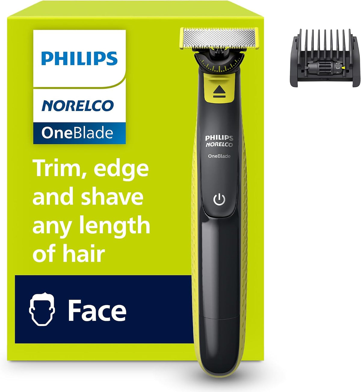 Philips Norelco OneBlade 360 Face, Hybrid Electric Beard Trimmer and Shaver with 5-in-1 Face Stubble Comb, Frustration Free Packaging, QP2724/90 — Black & Lime Green