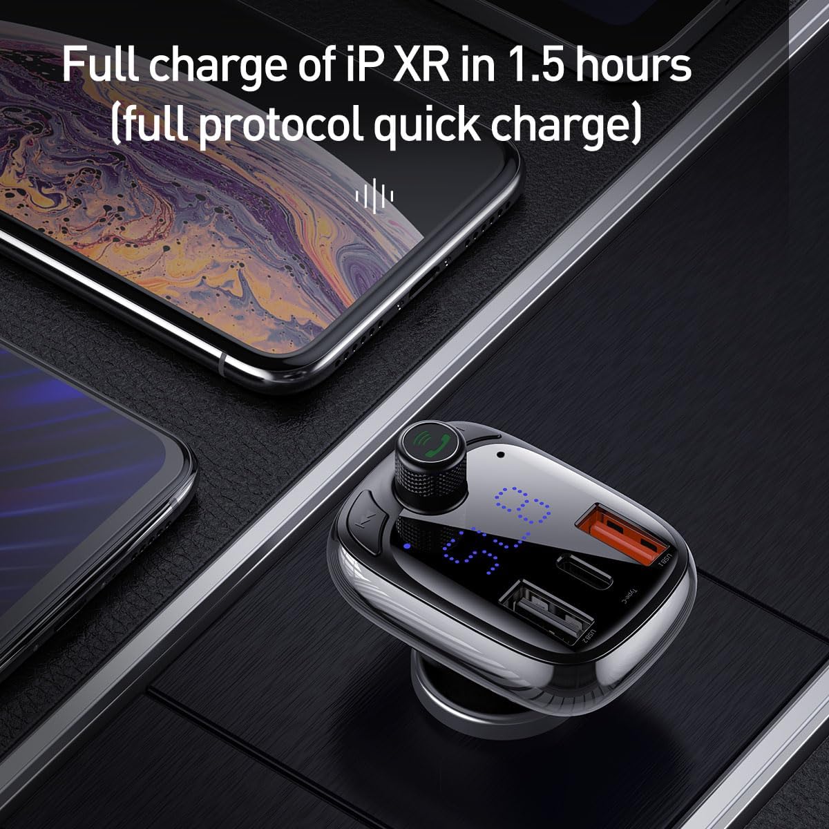 Baseus T Shaped S-13 36W USB C Car Charger & Bluetooth FM Transmitter with LED Display, 12V-24V Adapter Dual USB Fast Charger — Black