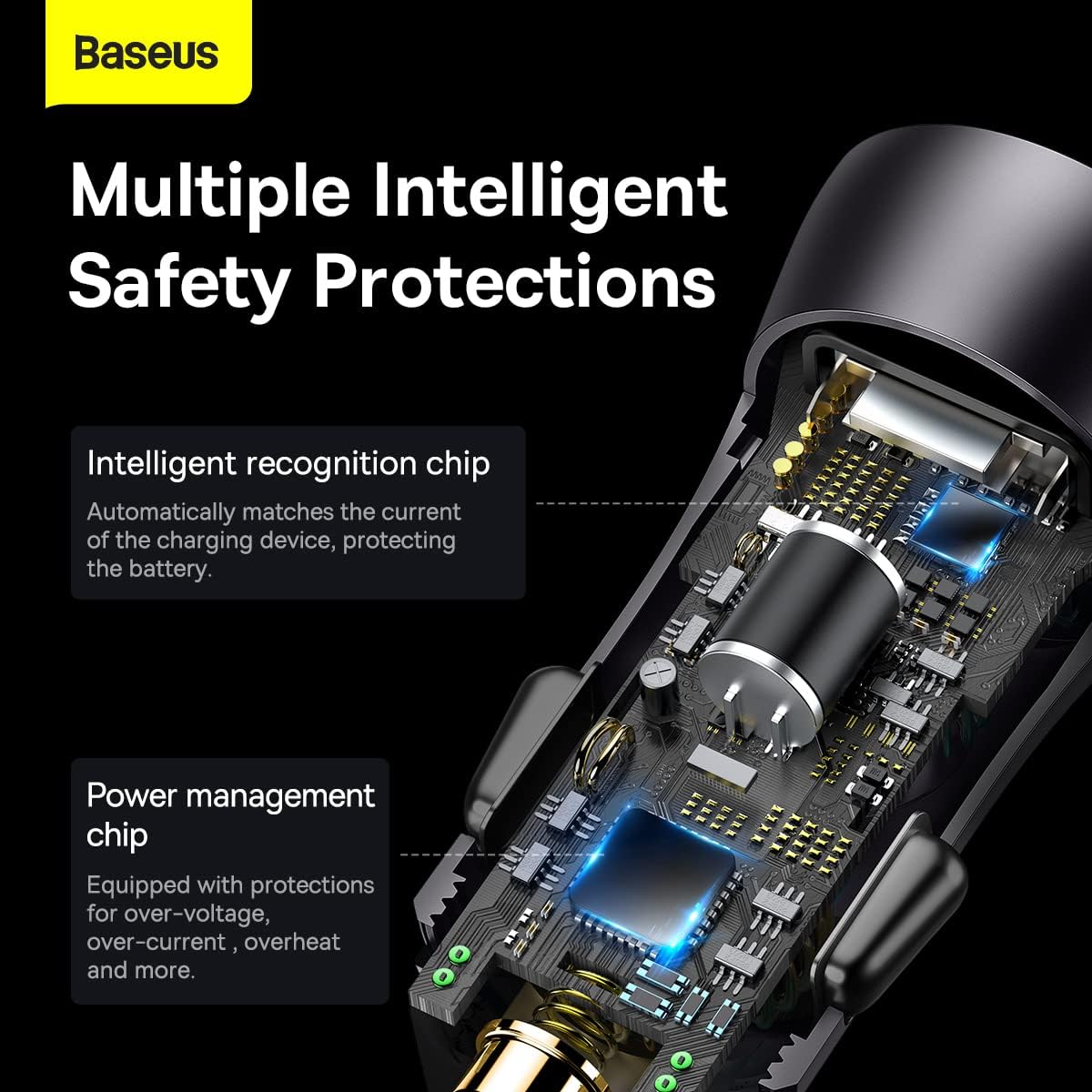 Baseus 60W Dual USB Fast Car Charger Adapter QC 3.0 & PD Quick Charge 3A, USB-C & USB-A Ports, Fast Charging — Black