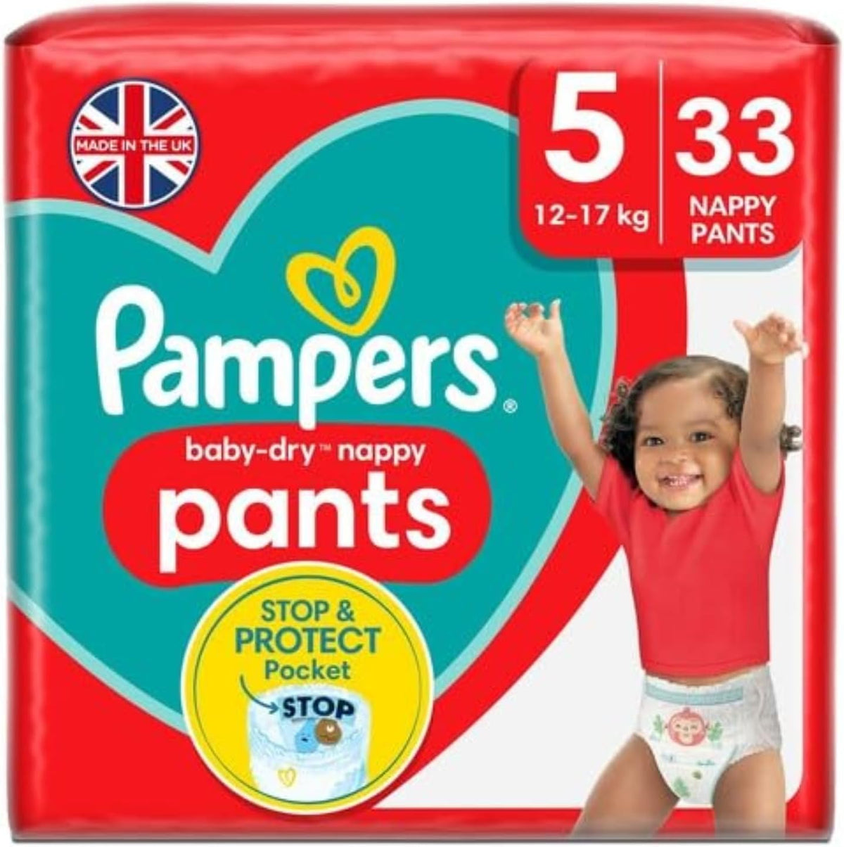 Pampers Baby-Dry Nappy Pants Size 5, 33 Nappies, 12kg-17kg, Essential Pack, 360° Fit To Help Prevent Gaps And Leaks
