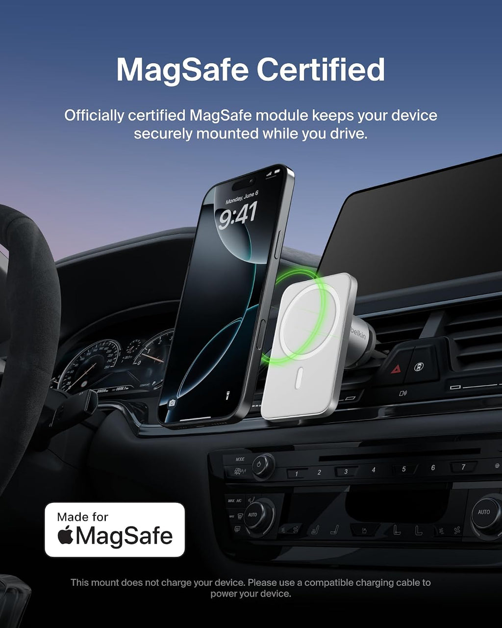 Belkin MagSafe Car Vent Mount PRO for iPhone 12, 12 Pro, 12 Pro Max, 12 Mini Keeps All iPhone 12 Models Magnetically Mounted While You Drive, Silver, WIC002, WIC002btGR
