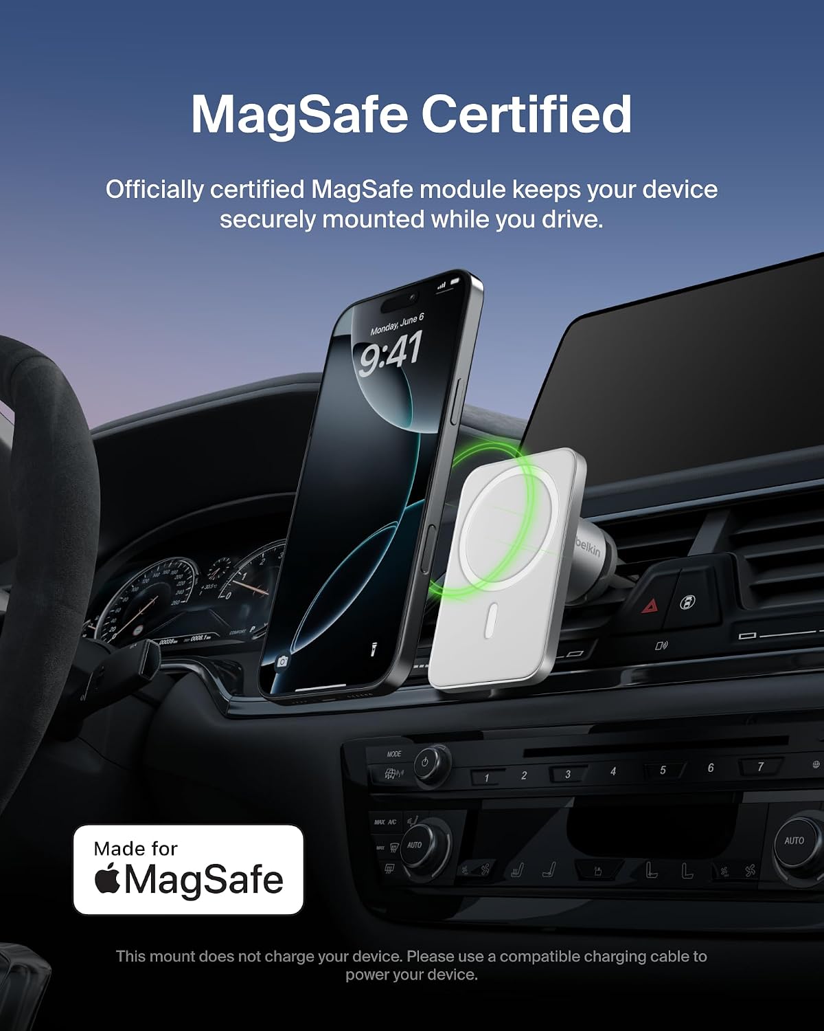 Belkin MagSafe Car Vent Mount PRO for iPhone 12, 12 Pro, 12 Pro Max, 12 Mini Keeps All iPhone 12 Models Magnetically Mounted While You Drive, Silver, WIC002, WIC002btGR