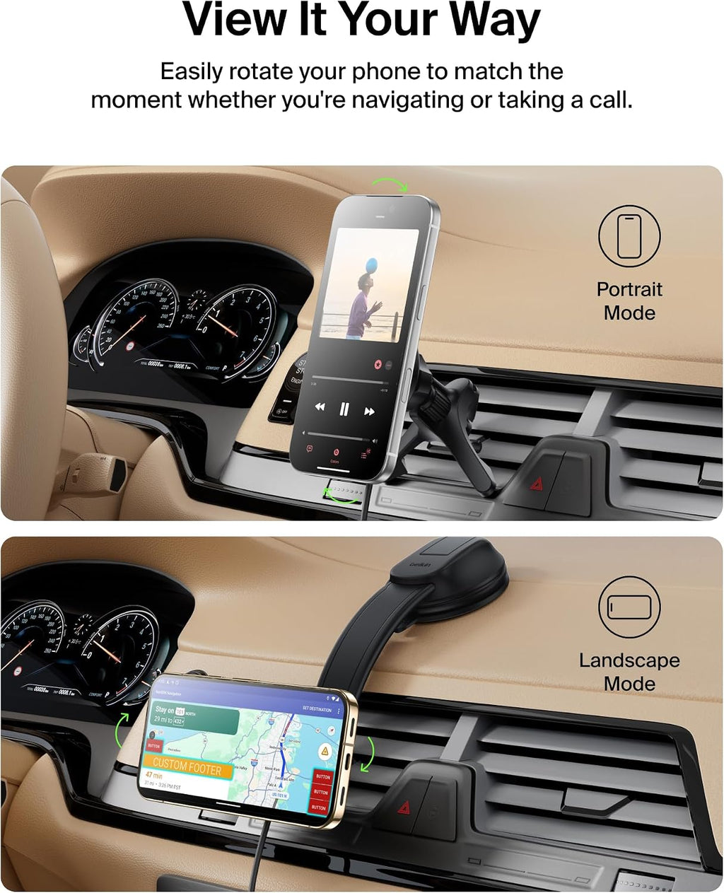 Belkin Wireless Car Charger, Magnetic Car Vent Mount & Dash Mount with USB C Cable, MagSafe Compatible Fast Charging for iPhone 17, Galaxy S25, Pixel 10, & More - Qi2 Travel Car Accessories - Black