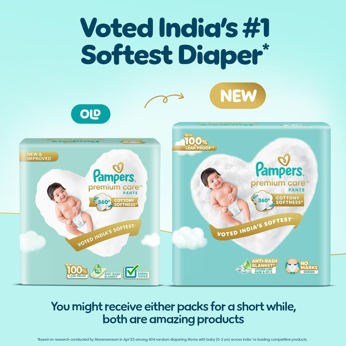 Pampers Premium Care Pant Style Baby Diapers S 26 Count | No Marks Design | Voted India’s #1 Softest Diaper | All in 1 diaper with 360 Cottony Softness