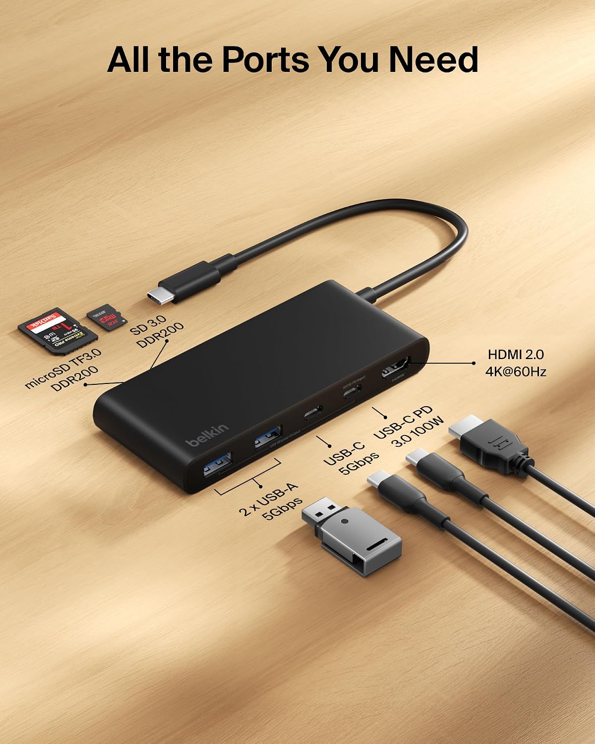 Belkin USB C Hub, 7-Port Hub w/ 4K HDMI Display @ 60Hz, SD & MicroSD, 100W Power Delivery, Fast Data Transfer 5Gbps, USB C Multiport Adapter for MacBook, iPad Pro, Chromebook - HDMI 2.0 - Black