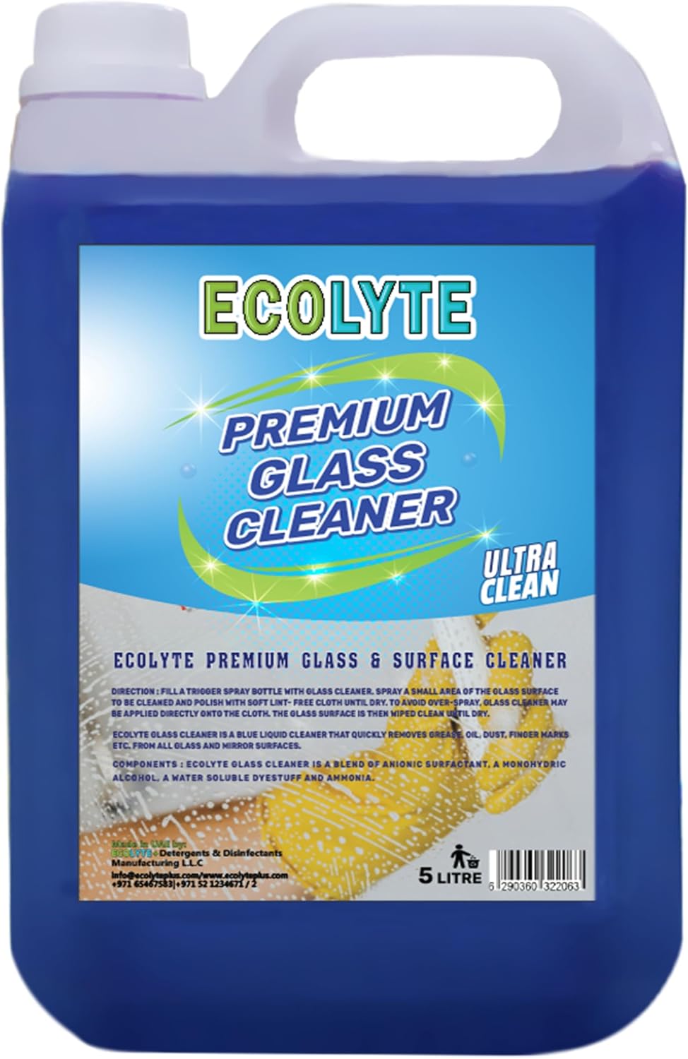 Ecolyte+ Premium Glass Cleaner & Surface Cleaner Liquid Detergent, surface cleaner, window cleaner, and Screen Cleaner Liquid | Kills 99.99% of Germs (5 Liter) — front product image