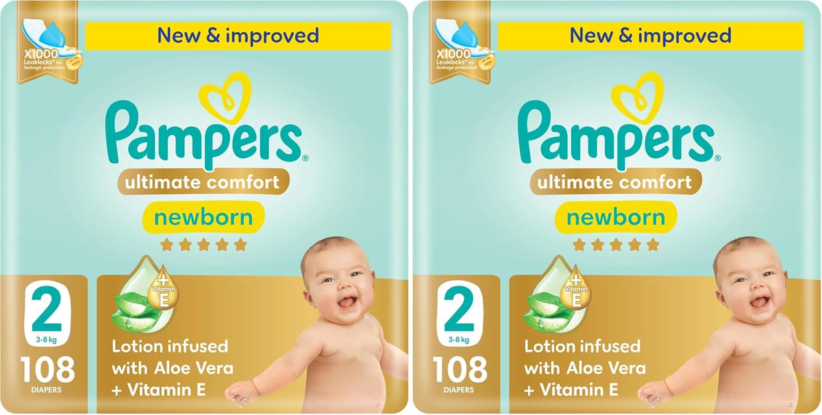 Pampers Ultimate Comfort Premium Taped Diapers 3-8kg Size 2 Giant 108 Count (Pack of 2)