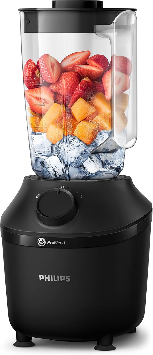 Philips Blender 3000 Series, ProBlend System, 1.9L Maximum Capacity, 1L Effective Capacity, 450W, 1 Speed Setting + Pulse, Plastic Jar, Black, (HR2041/01), Smooth blends with no lumps in 45 seconds — Black