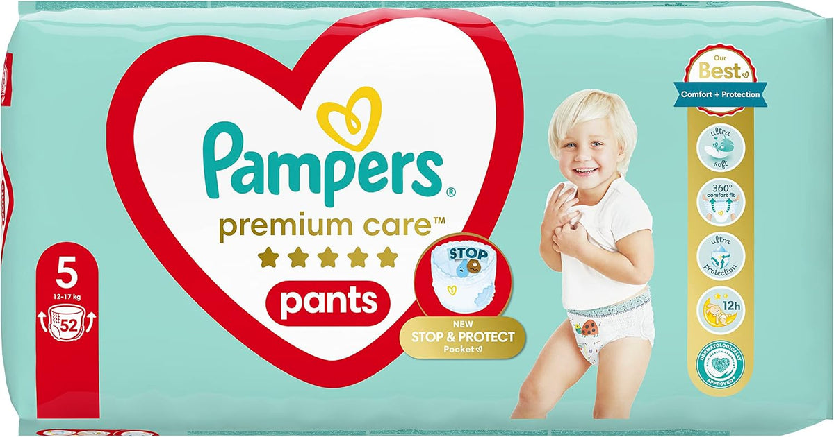 Pampers Diapers Size 5 (11-16 kg), Premium Care, 52 Pieces, Softest for Baby Skin, Easy to Install Diapers