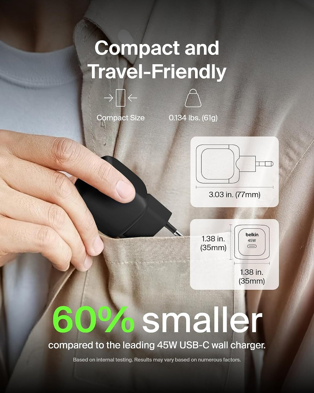 Belkin Compact USB Charger (45W) USB-C Power Delivery Fast Charging for Apple iPhone 16, 16 Plus, 16 Pro, 16 Pro Max, iPhone 15 Series, Samsung Galaxy S25, iPad, AirPods etc. - Black