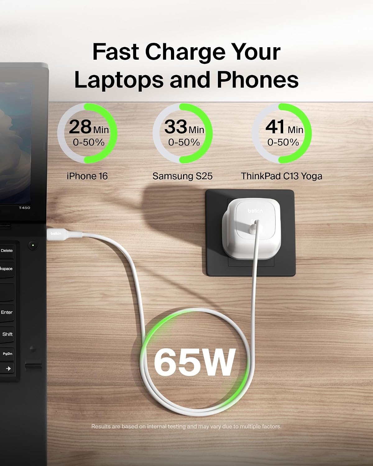 Belkin USB-C Plug 65W, Fast Charging Wall Charger, Type C Phone Charger - Compatible with Apple iPhone 16/15/14/13, Galaxy S25, Google Pixel 9, MacBook, iPad, AirPods, Chromebook, & More - White