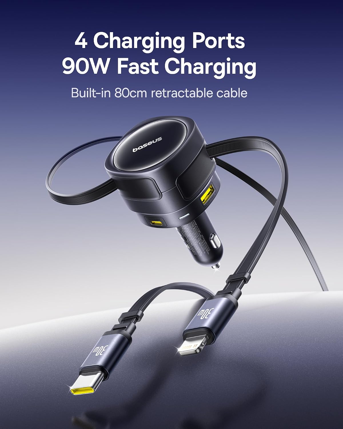 Baseus Enjoyment Max 90W 4-in-1 Car Charger, Retractable USB-C & Lightning Cables, Dual USB-C + USB-A Ports, PD & QC 3.0, 180° Rotating Fast Charging Adapter — Black