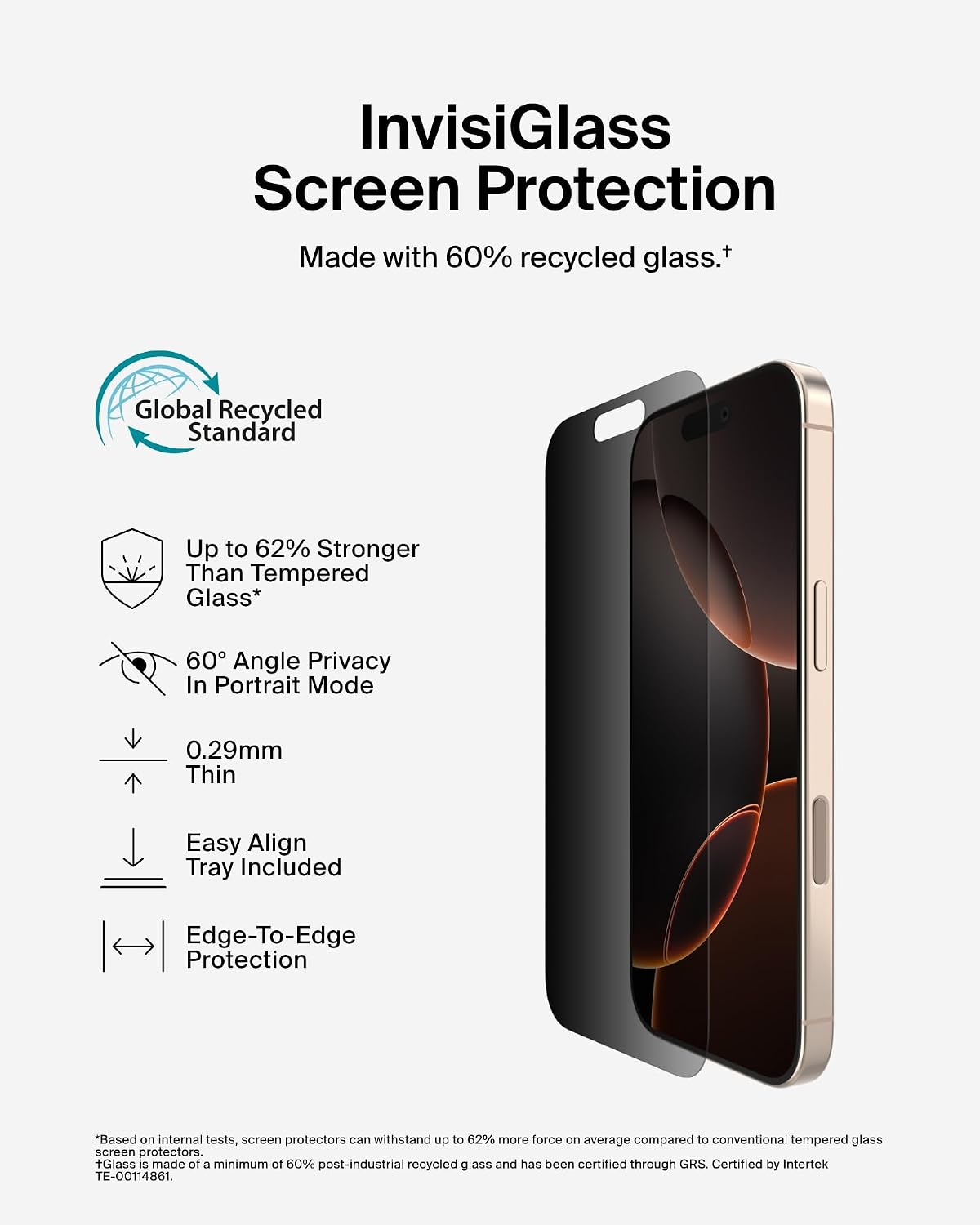 Belkin ScreenForce InvisiGlass Privacy Screen Protector for iPhone17 + iPhone 16 Pro, Scratch-Resistant Impact Protection with Included Easy Align Tray for Bubble Free Application, Recycled Glass