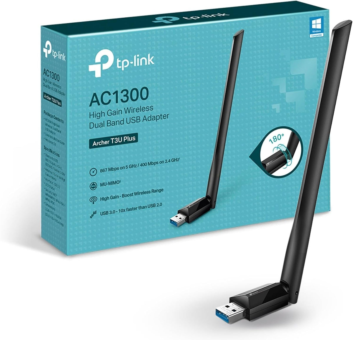 TP-Link USB WiFi Adapter for Desktop PC, AC1300 USB 3.0 Wireless Dual Band Network Adapter with High Gain Antenna(Archer T3U Plus), MU-MIMO, Windows 11/10/8.1/8/7/XP, Mac OS 10.9-10.15