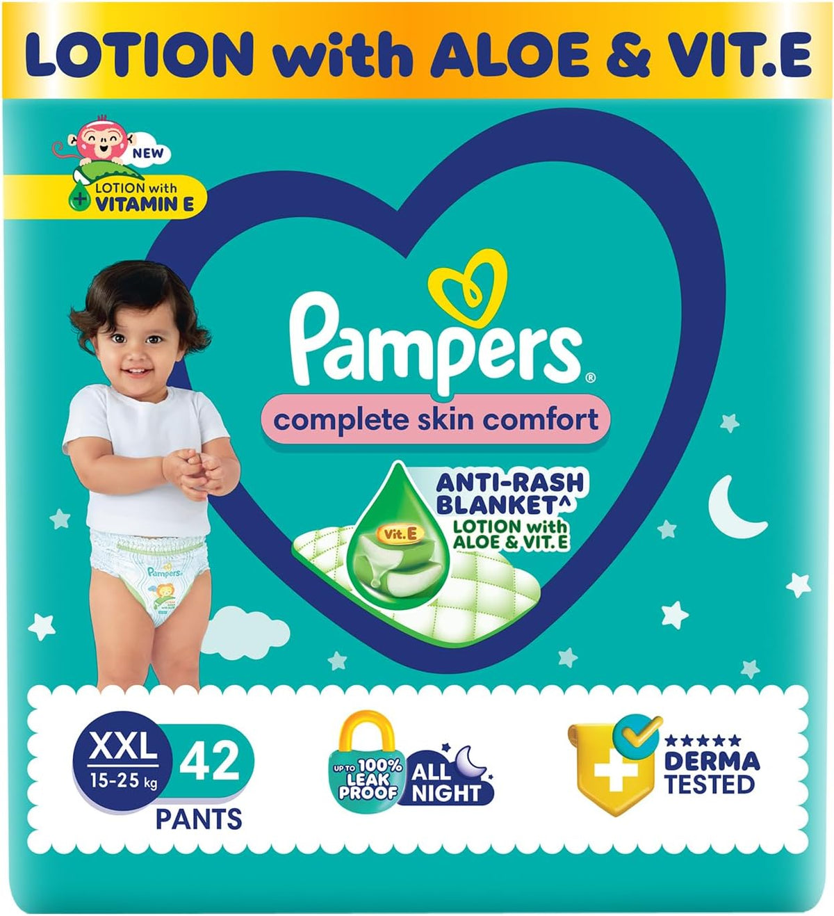 Pampers Complete Skin Comfort Pants, (XXL) 42 Count, Anti-rash blanket, Lotion with Vitamin E & Aloe Vera,Double Extra Large size baby diapers,15-25kg
