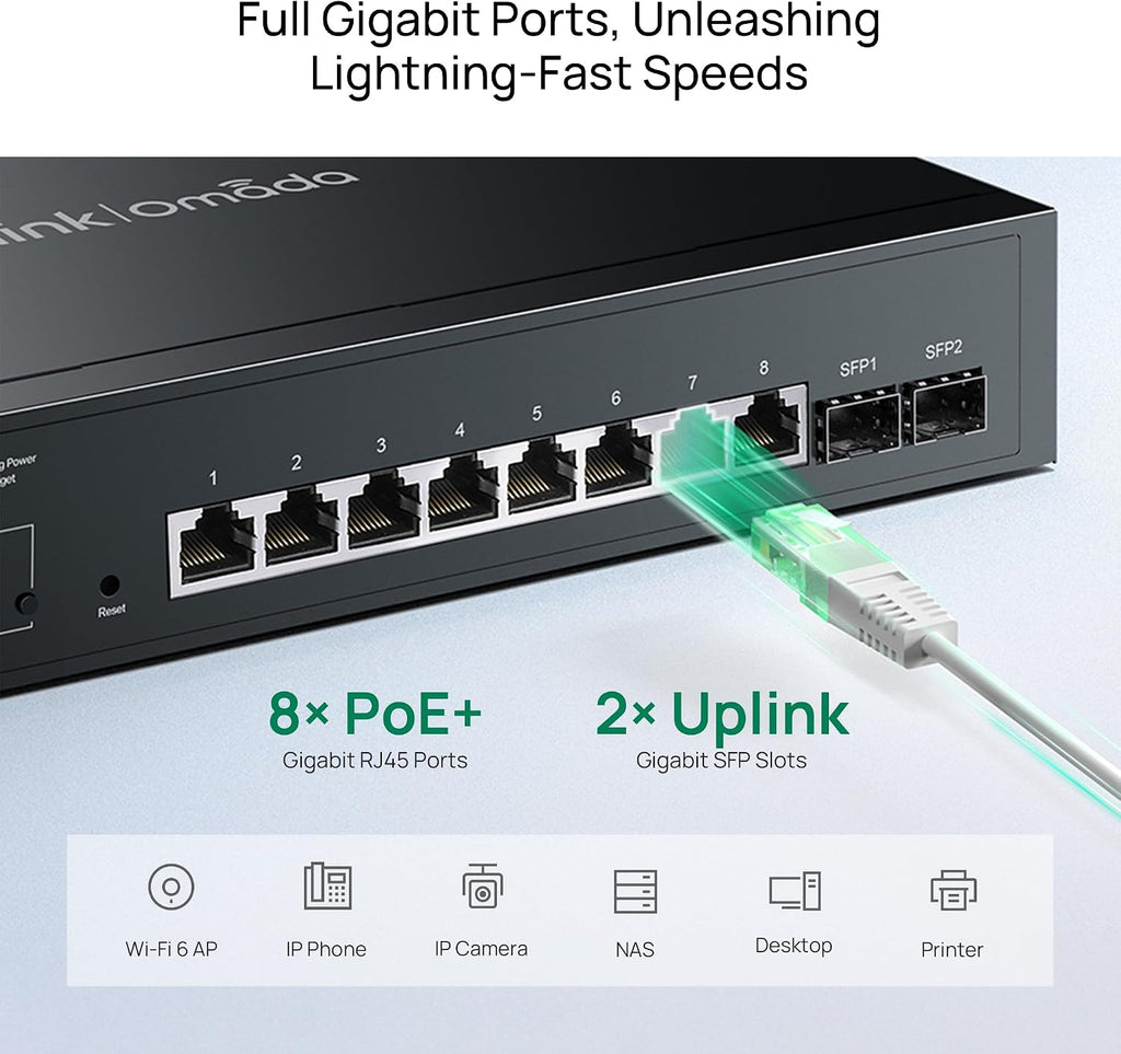 TP-Link TL-SG2210MP | Jetstream 10 Port Gigabit Smart Managed PoE switch | 8 PoE+ Ports @ 150W, 2 SFP Slots | Support Omada SDN | PoE Recovery | IPv6 | Static Routing | 5 Year Manufacturer Warranty