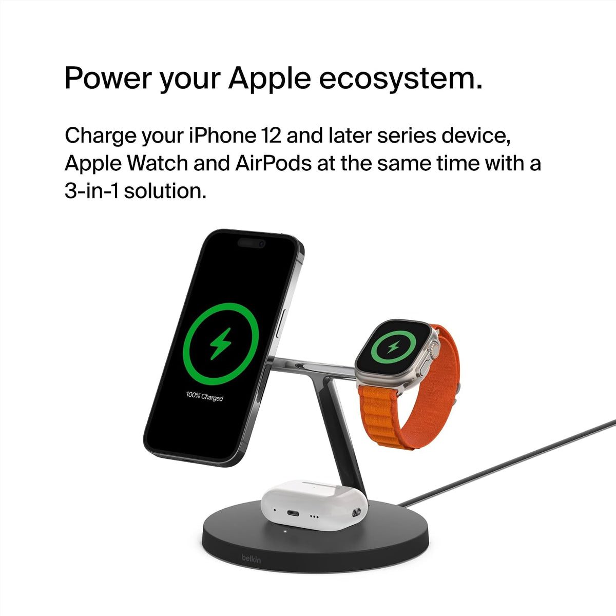 Belkin MagSafe 3 in 1 Wireless Charging Station, 15W iPhone and Apple Watch Fast Wireless Charger, AirPods Charging Station for iPhone 16, 15, 14, 13, 12 Series, Apple Watch 10/9/8, SE, Ultra - Black