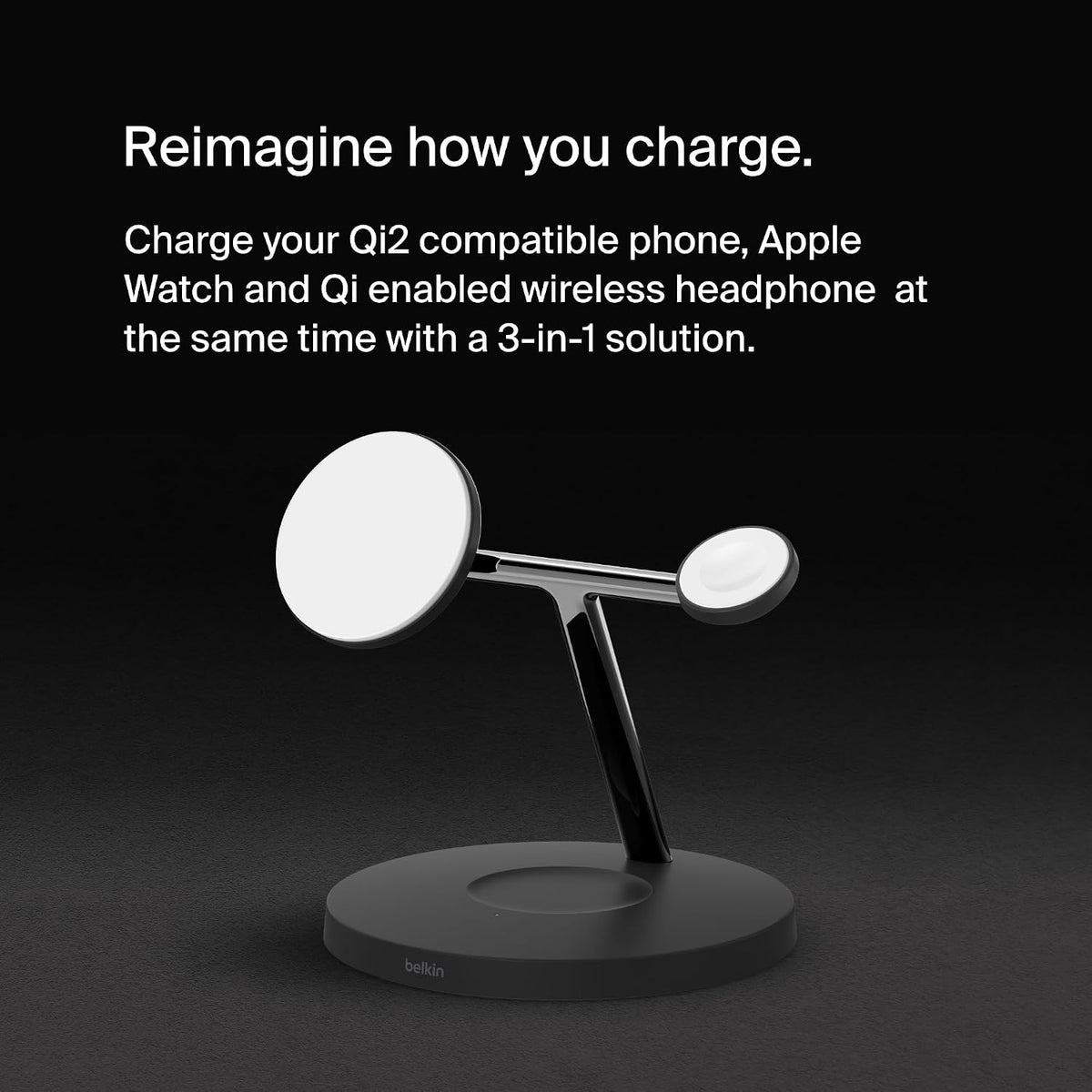 Belkin BoostCharge Pro 3-in-1 Wireless Charger with Qi2 for iPhone 17, Air, 16, 15, 14, 13, 12 + Apple Watch + AirPods + Pixelsnap, 15W MagSafe Compatible Charging Station - Black