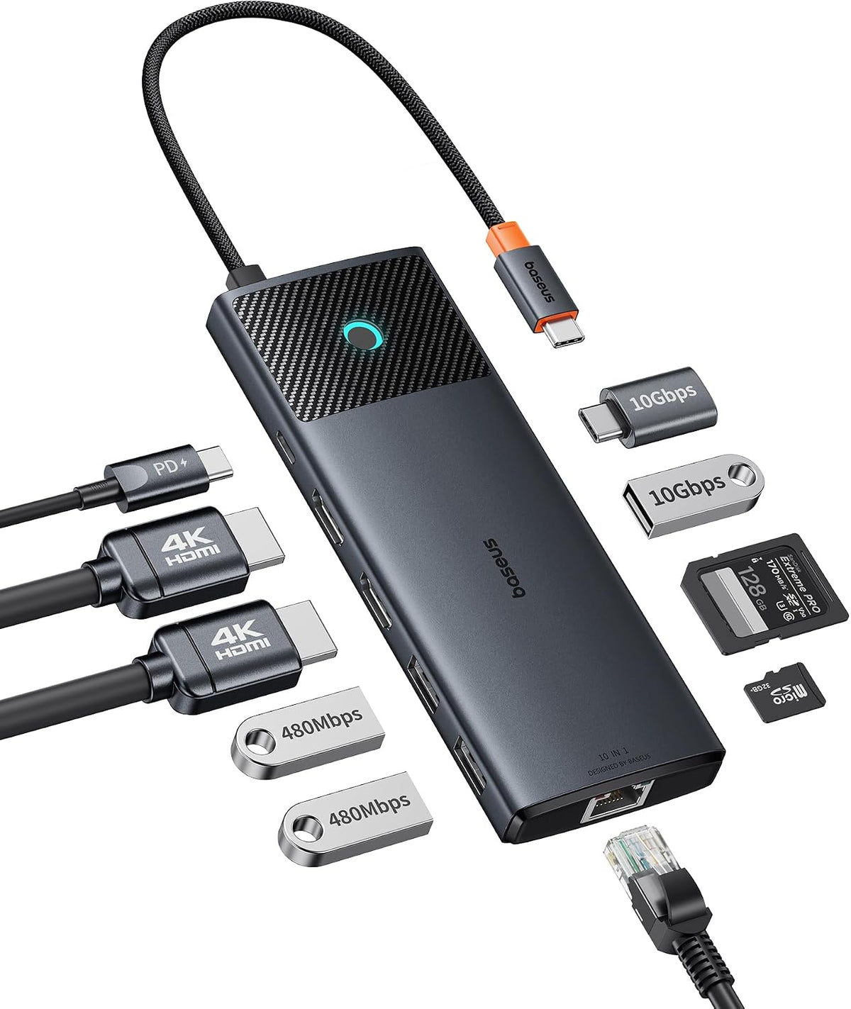Baseus Docking Station Dual Monitor 10Gbps 10 in 1 USB C Hub with 2 HDMI — 10 in 1 Black — Black