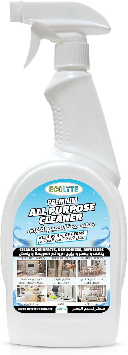 ECOLYTE+ All Purpose Cleaner, Premium for 100% Removal of Dirt, Cleans, Disinfects, Deodorizes & Refreshes, Kills 99.9% Germs, Trigger Spray Bottle – (Ocean Breeze, 750ml) — front product image