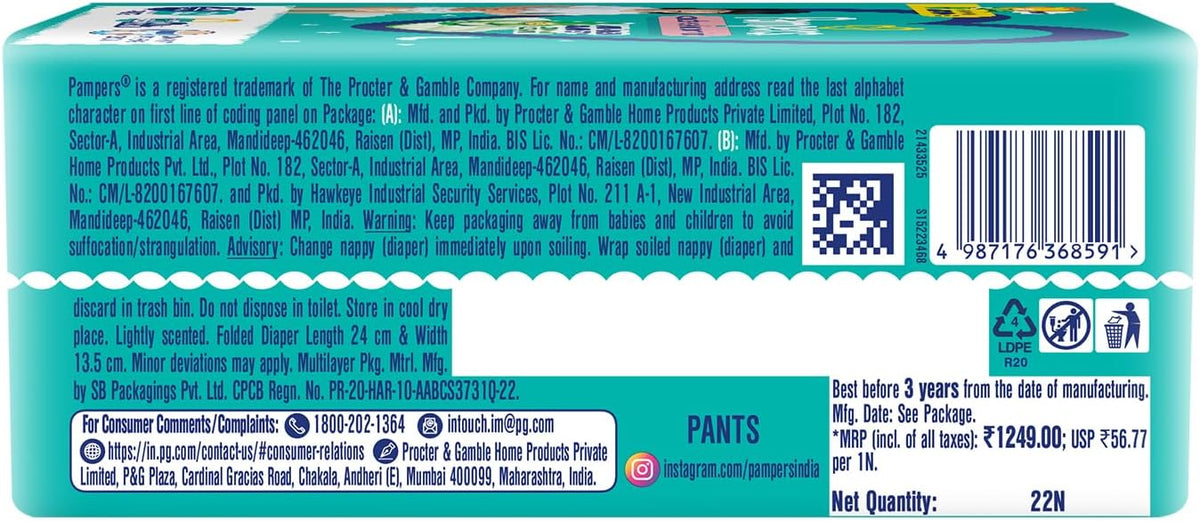 Pampers All round Protection Pants Style Baby Diapers, XXX-Large (XXXL) Size, 22 Count, Anti Rash Blanket, Lotion with Aloe Vera, 17+ kgs Diapers