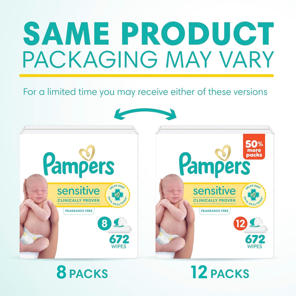 Pampers Sensitive Baby Wipes, Unscented, Fragrance Free, Clinically Proven, Water Based, Hypoallergenic, Multi-Use, Hand Wipes, 672 Wipes Total (12X Flip-Top Packs)