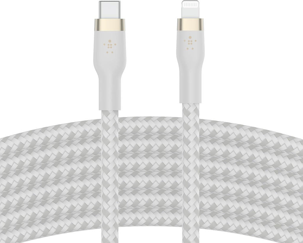 Belkin BoostCharge Pro Flex Braided USB Type C to Lightning Cable (3M/10ft), MFi Certified 20W Fast Charging PD Power Delivery for iPhone 14/14 Plus, 13, 12, Pro, Max, Mini, SE, iPad and More -White