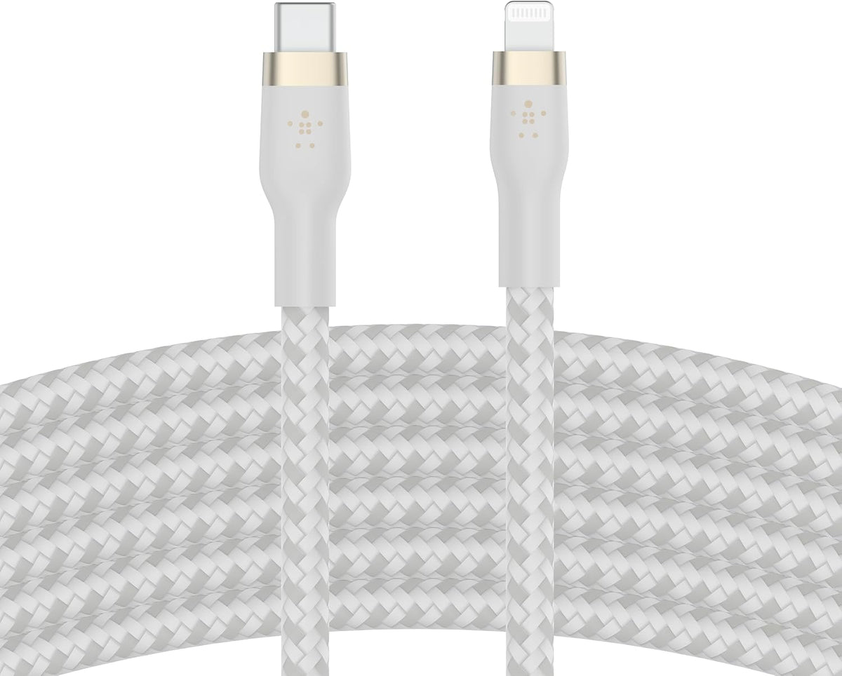 Belkin BoostCharge Pro Flex Braided USB Type C to Lightning Cable (3M/10ft), MFi Certified 20W Fast Charging PD Power Delivery for iPhone 14/14 Plus, 13, 12, Pro, Max, Mini, SE, iPad and More -White