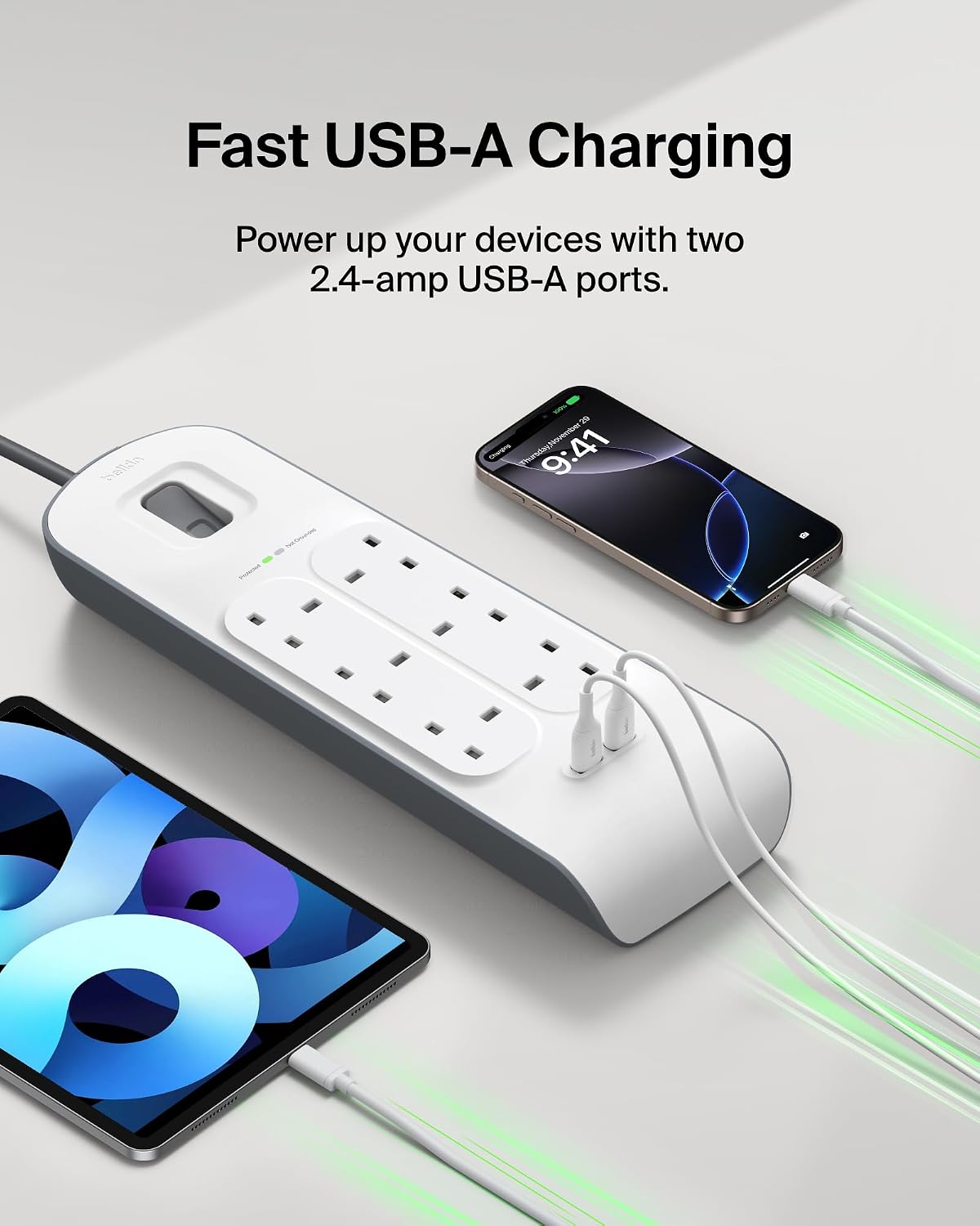 Belkin 6 Way 2 Meter Surge Protection Strip with 2 x 2.4 Ampere USB Charging
