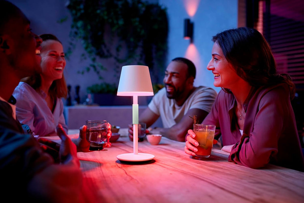 Philips Hue White & Color Ambiance Go Portable Table Lamp (530 lm), Dimmable Table Lamp for Hue Lighting System with 16 Million Colours, Smart Light Control via Voice or App, White — black