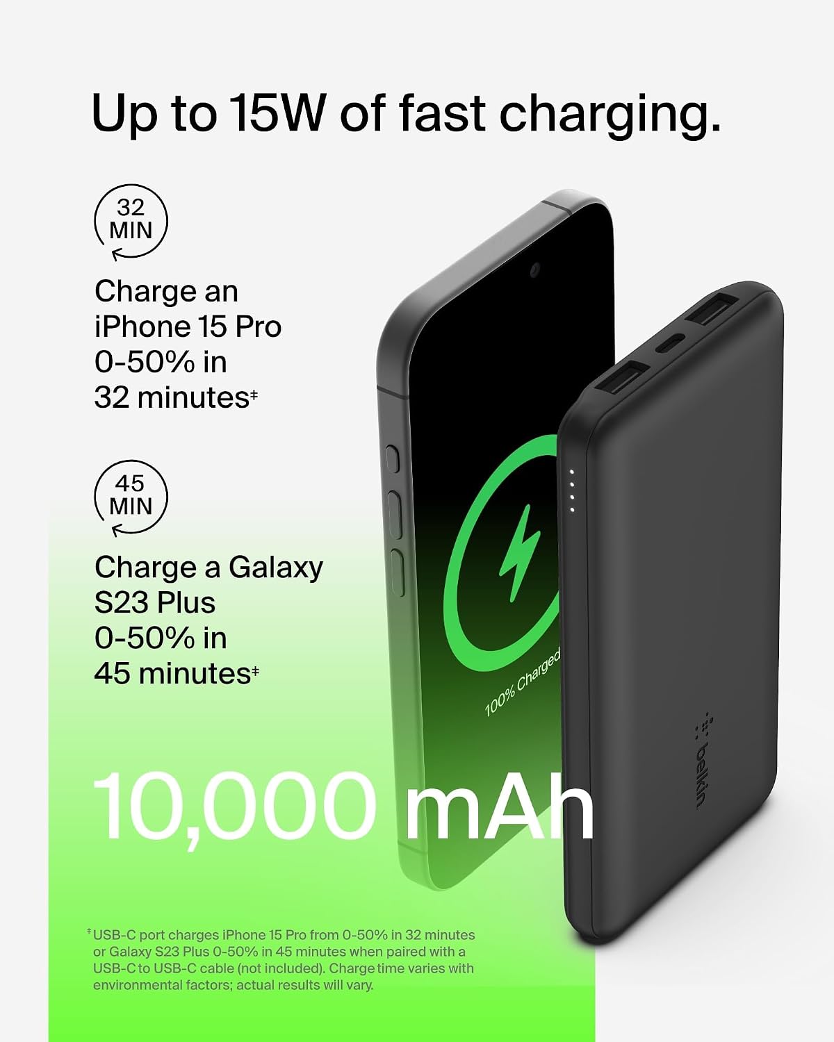 Belkin 10000mAh portable power bank, 10K USB-C portable charger with 1 USB-C port and 2 USB-A ports, battery pack for up to 15W charging for iPhone, Samsung Galaxy, AirPods, iPad, and more – Black