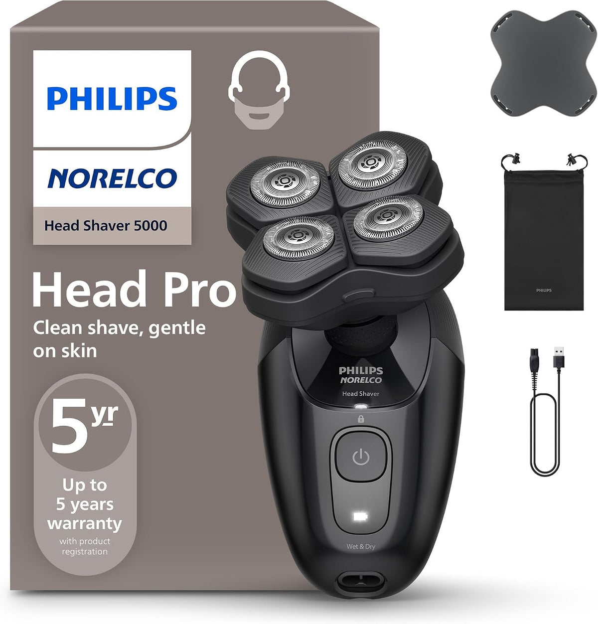 Philips Norelco Head Shaver Pro 5000 Series - Skull Shaver for Men and Women, 360° Flexing Head & ComfortCut Blades for Clean Shave, Gentle on Skin, Model HS5980/40 — Black