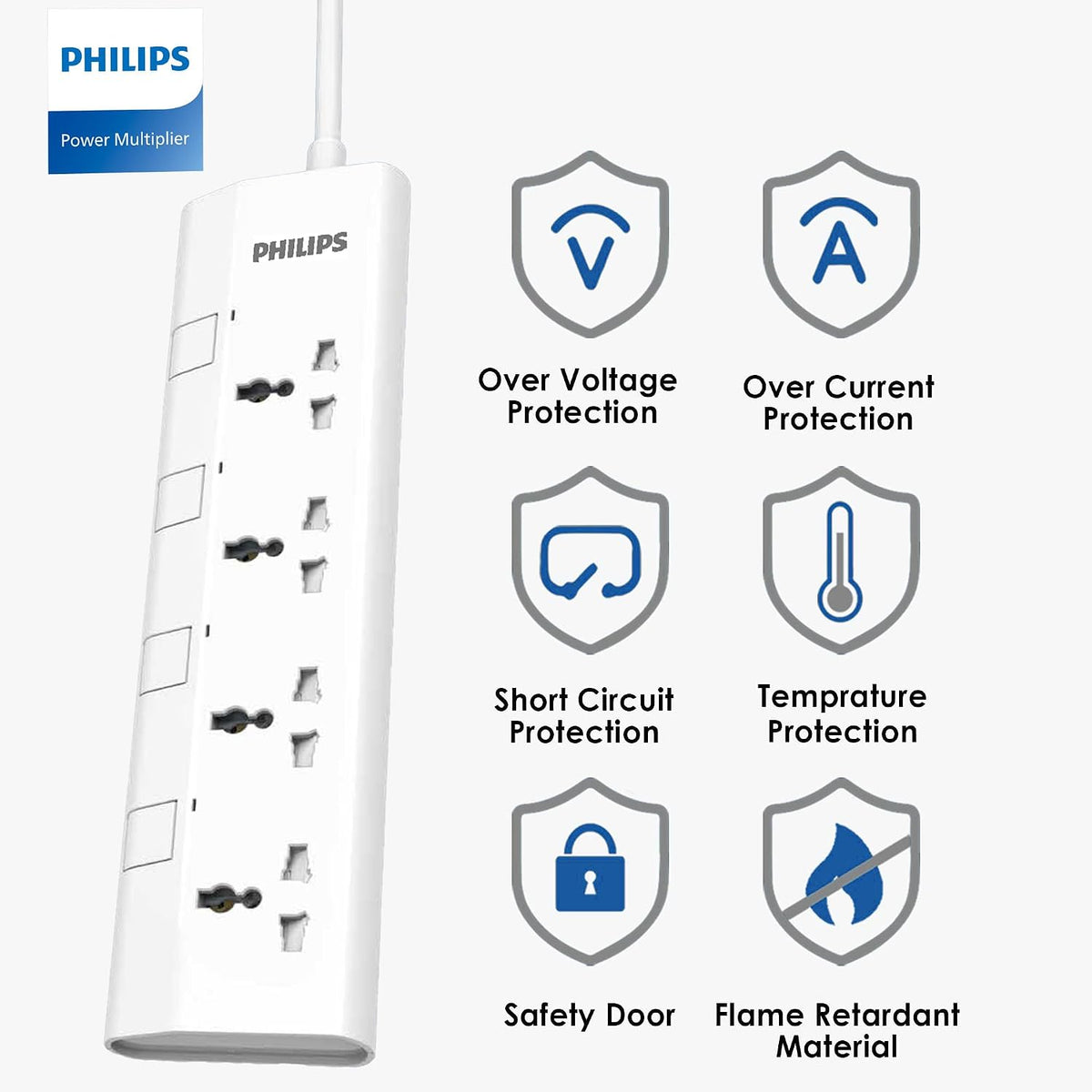 Philips 4-Way Universal Power Extension Cord with Individual Switches (3M), 2500W Overload Protection, 750°C Fire-Resistant, 3x1mm² Heavy Duty Cable, 13A Fuse, ESMA Certified, UK Plug (4UV-3m) — White