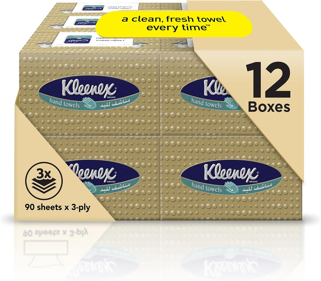 Kleenex Hand Towel, 12 Boxes x 90 Sheets, Disposable Towel Tissue for Hands, Kitchen and Bathroom use — front product image