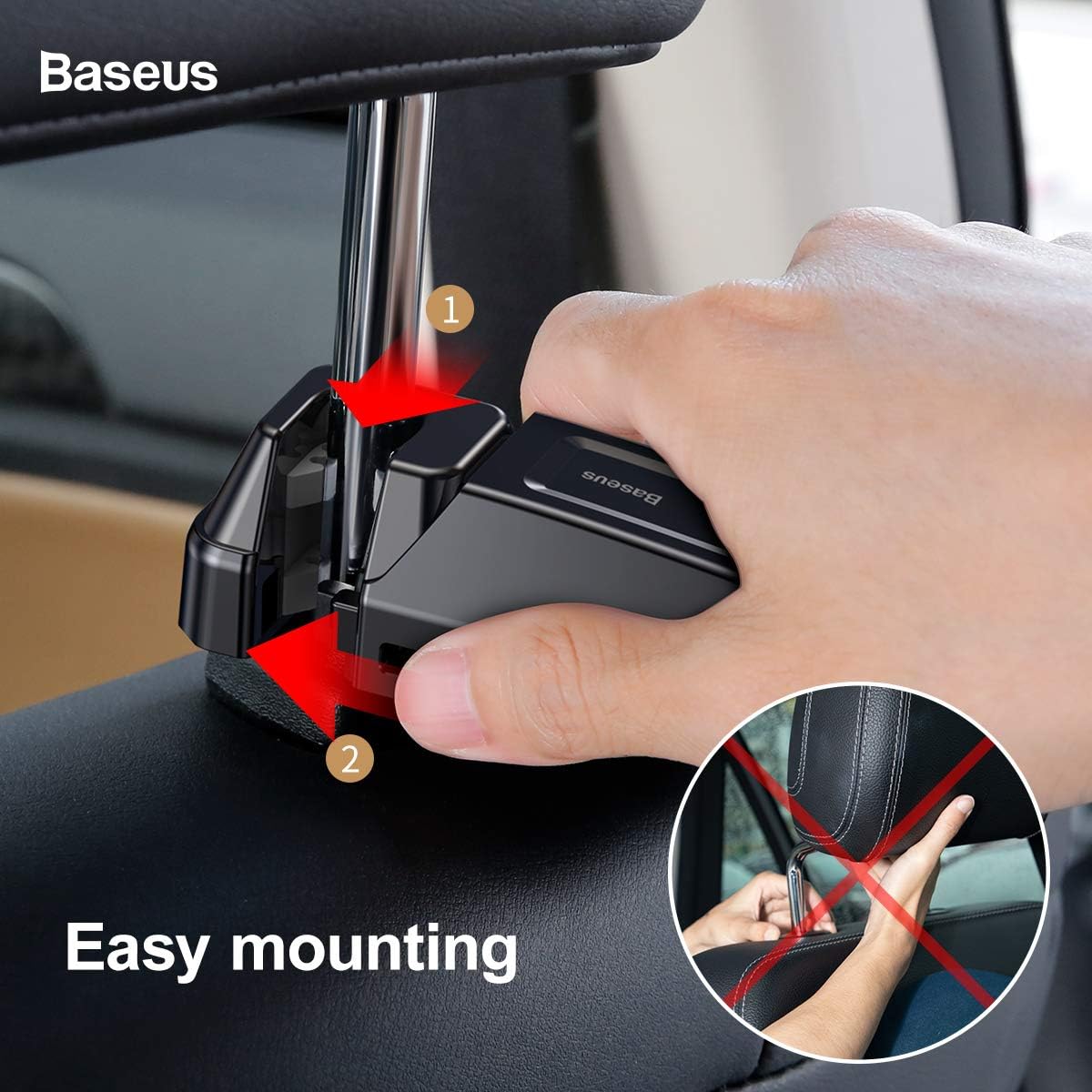 Baseus 2-in-1 Car Headrest Hook & Phone Holder | Backseat Hanger for Purses, Bags, Groceries (Up to 25kg) | Universal Foldable Rear Seat Mount — Black