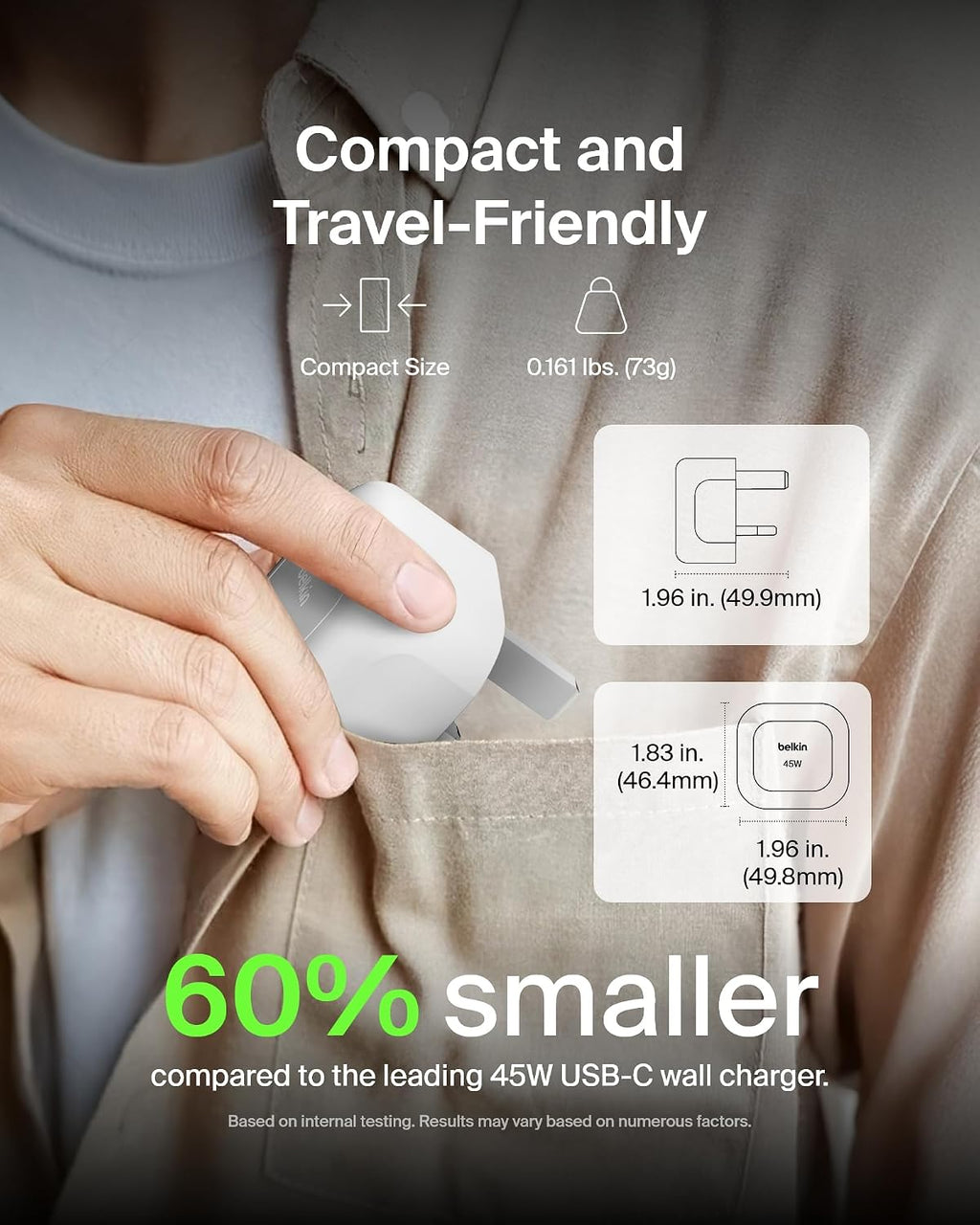 Belkin Compact Wall Charger 45W + USB-C to USB-C Cable, Fast Charging for Apple iPhone 17, iPhone Air, iPhone 16 Serie, Samsung Galaxy S25, Google Pixel, iPad, AirPods & More - White