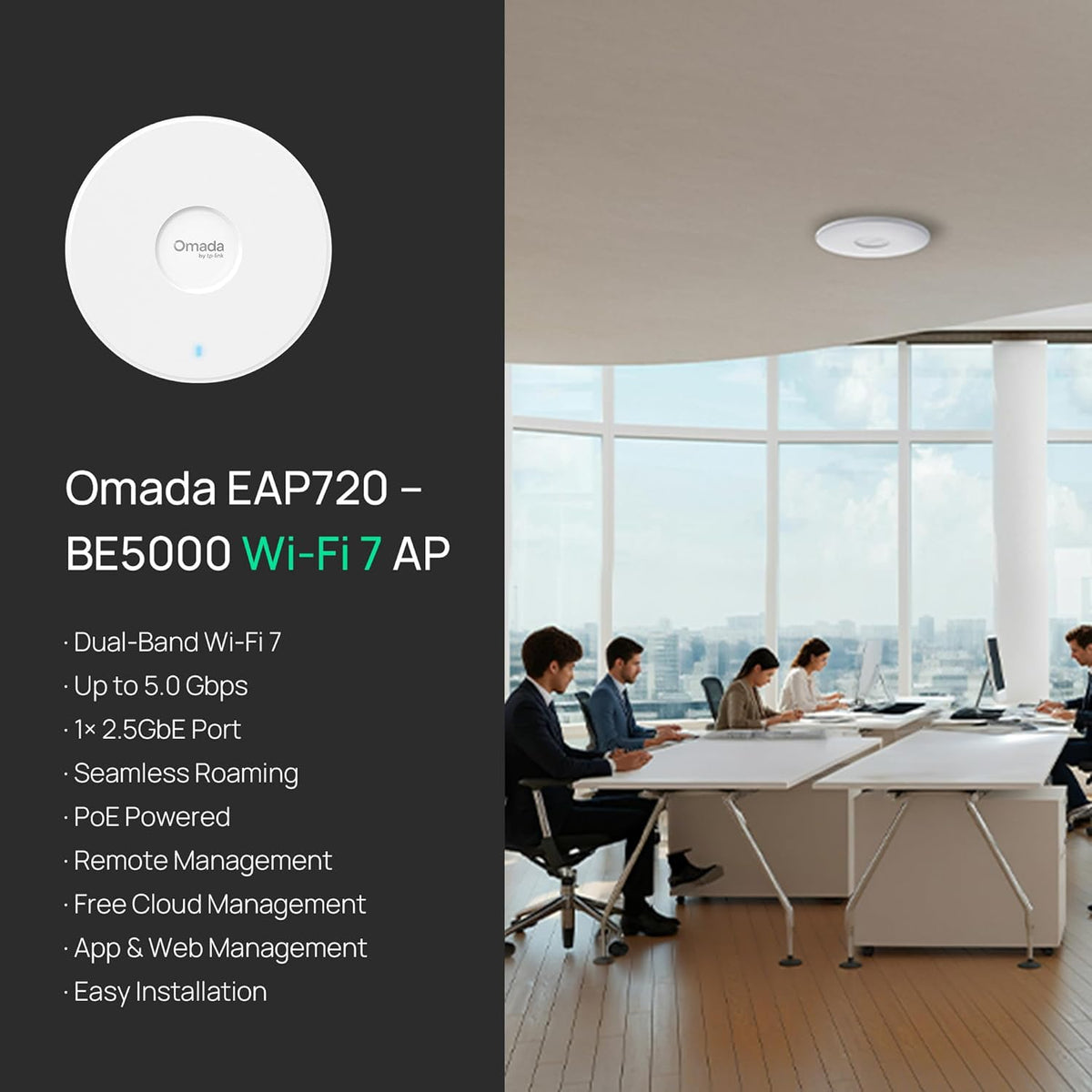 TP-Link Omada WiFi 7 Wireless Access Point | BE5000 Dual Band | 2.5G Port | PoE or DC Powered, DC Adapter Included | Seamless Roaming | Easy Setup | 5-Year Warranty | Omada Remote Managed(EAP720)