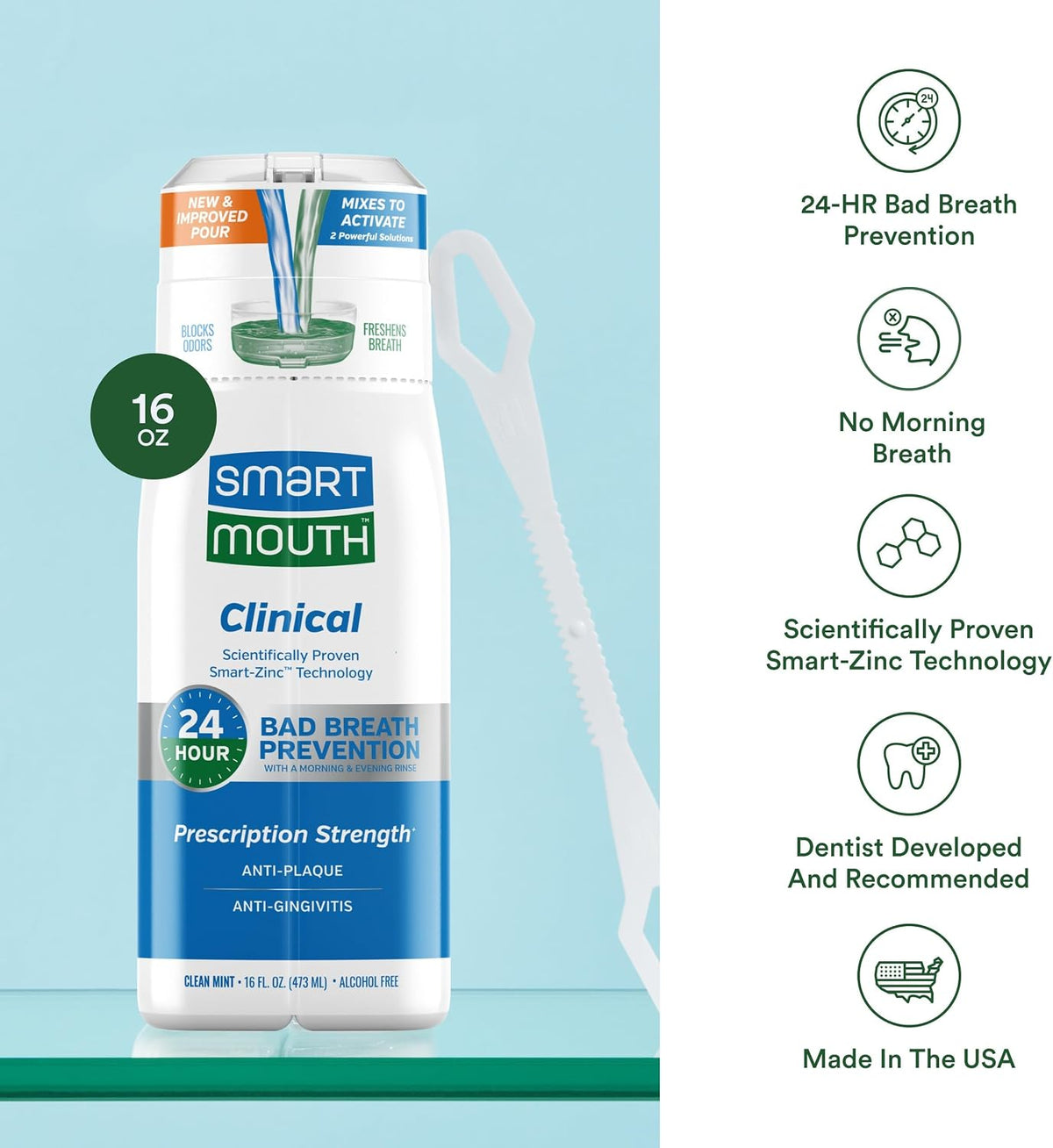 SmartMouth Clinical Zinc Activated Mouthwash with Tongue Cleaner, 16 fl oz — additional product view 4