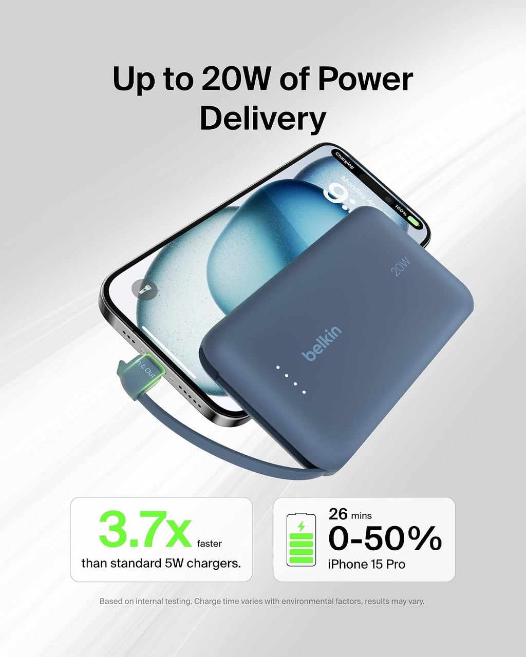 Belkin BoostCharge 10000mAh Power Bank with Integrated USB-C Cable - Blue