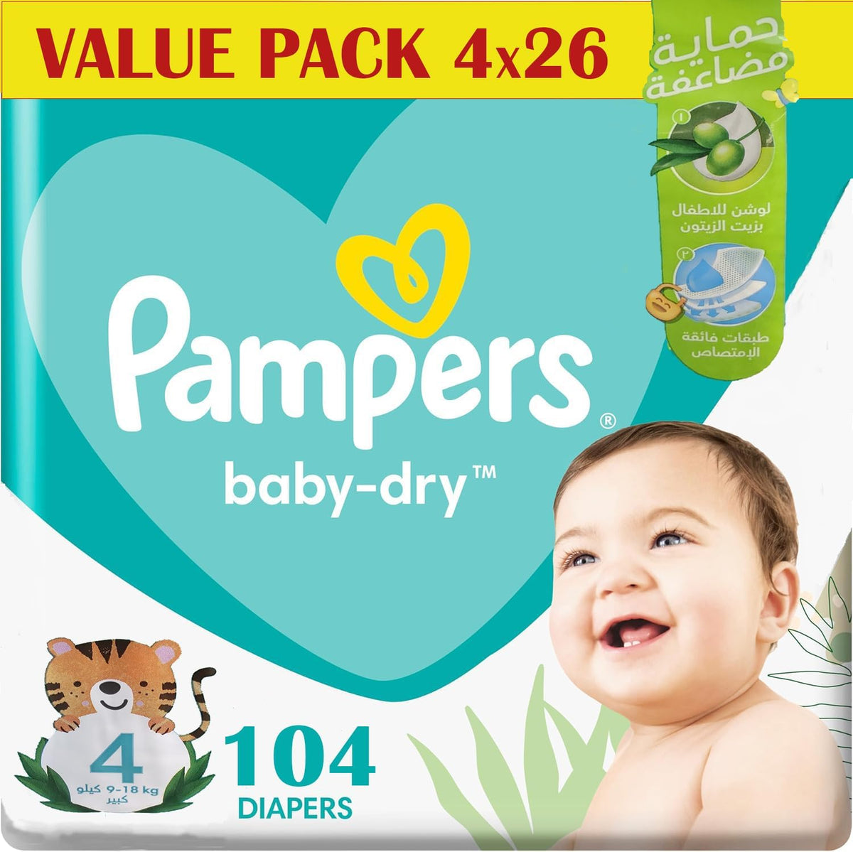 Pampers Baby Dry Taped Diapers, Size 4, 9-18 kg, Baby Lotion with Olive Oil, 104 Diapers